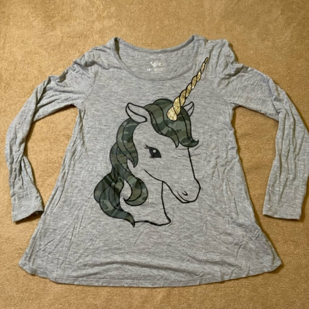 Justice Girls 10 Heather Gray Camo Glitter Unicorn Long Sleeve Round Neck Top